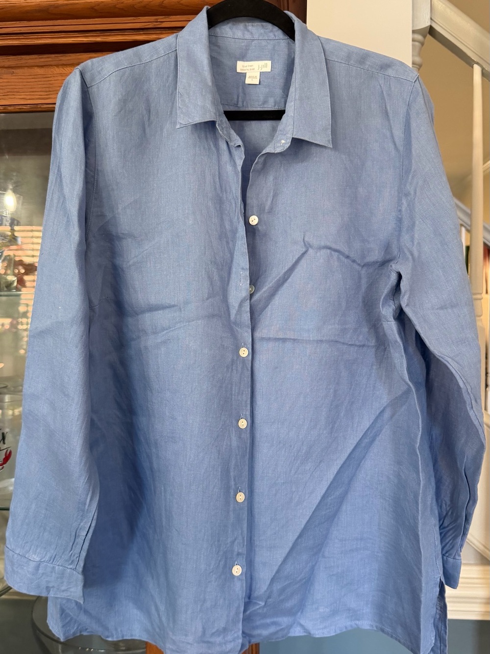J. Jill Women’s Classic Sky Blue Button-Front Oversized Linen Shirt